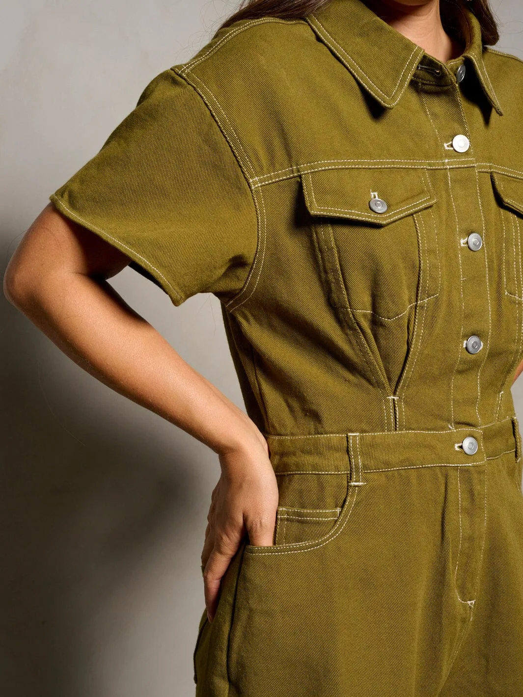 WOMEN'S SHORT SLEEVE BUTTON UP POCKETS DENIM ROMPER
