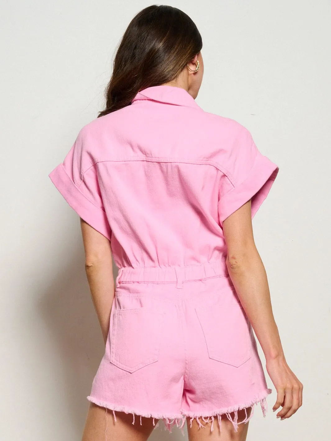 WOMEN'S SHORT SLEEVE BUTTON UP POCKETS DISTRESS DENIM ROMPER