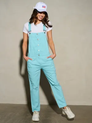 WOMEN'S SLEEVELESS BUTTON POCKETS DISTRESSED DENIM OVERALL
