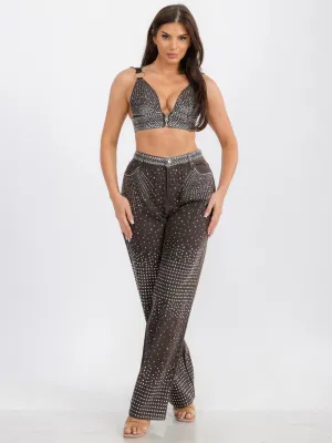 WOMEN'S SLEEVELESS CROP TOP & WIDE LEG PANTS DENIM STUDS DETAILED 2 PC. SET