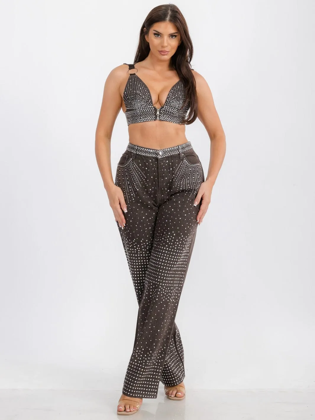 WOMEN'S SLEEVELESS CROP TOP & WIDE LEG PANTS DENIM STUDS DETAILED 2 PC. SET