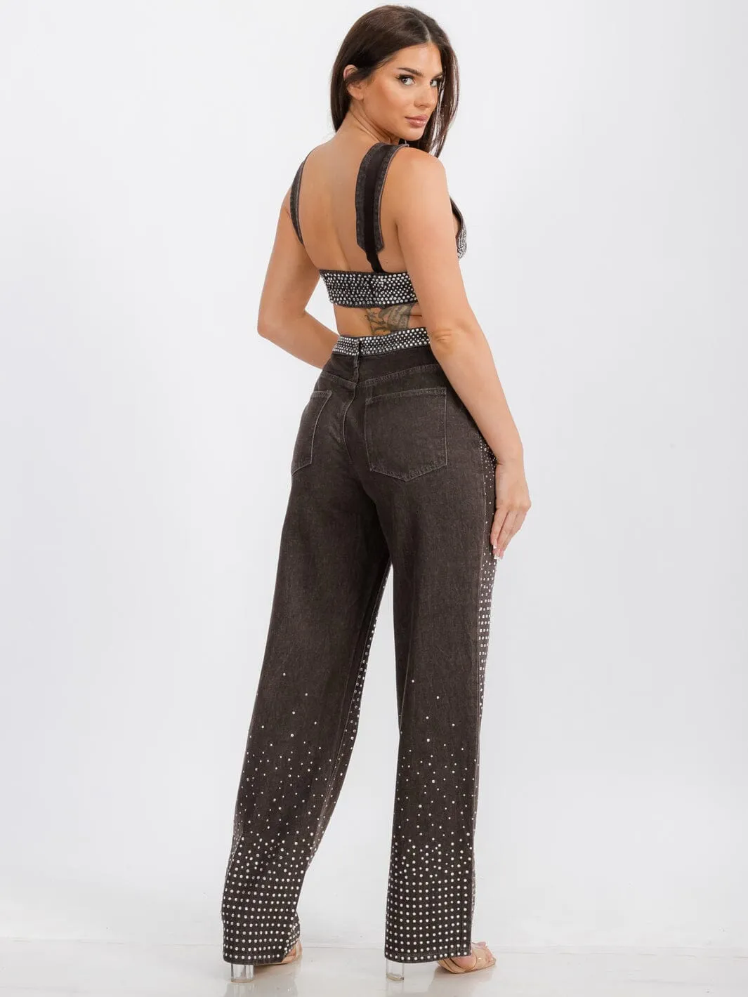 WOMEN'S SLEEVELESS CROP TOP & WIDE LEG PANTS DENIM STUDS DETAILED 2 PC. SET