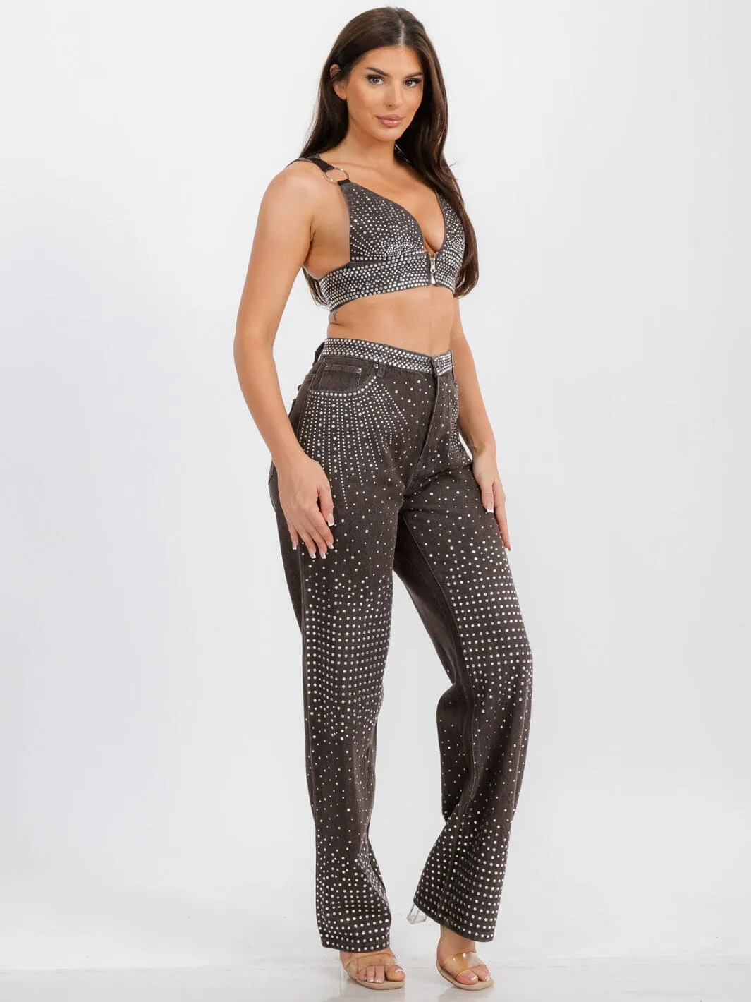 WOMEN'S SLEEVELESS CROP TOP & WIDE LEG PANTS DENIM STUDS DETAILED 2 PC. SET