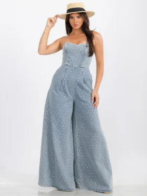 WOMEN'S SLEEVELESS FRONT POCKETS WIDE LEG STUDS DETAILED DENIM JUMPSUIT