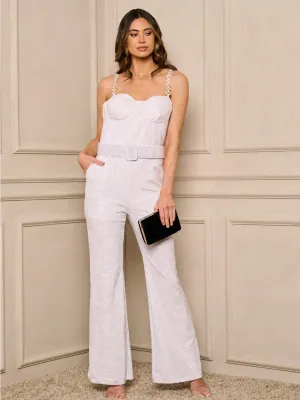 WOMEN'S SLEEVELESS POCKETS BELTED SEQUINS JUMPSUIT