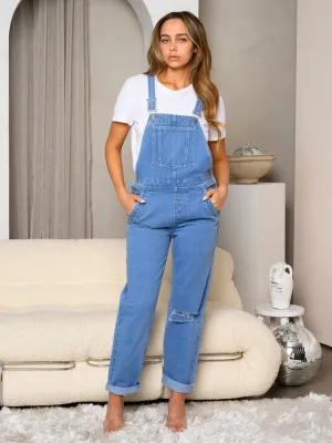 WOMEN'S SLEEVELESS POCKETS DISTRESSED DENIM OVERALL