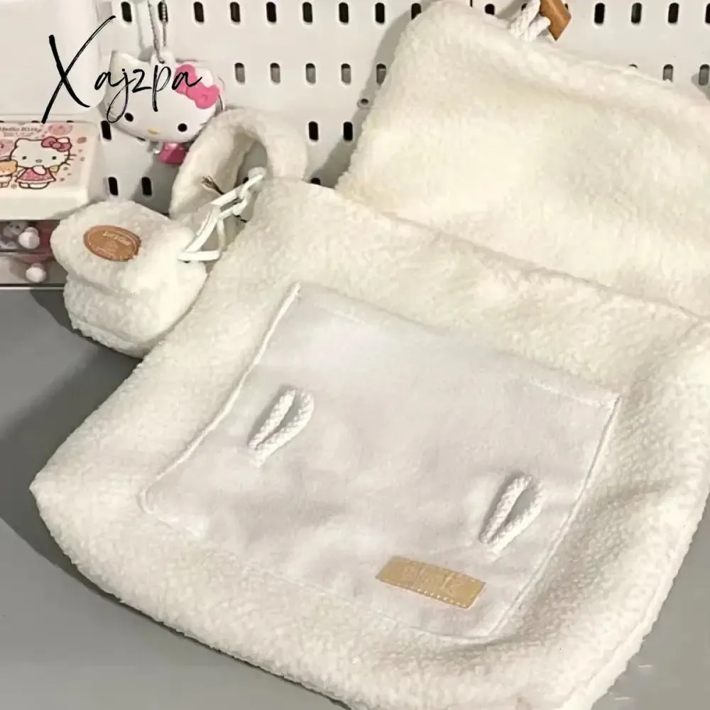 Xajzpa - Cute Collegiate Style Crossbody Bag White Soft Plush Letter Cartoon Print Shoulder Bag Fall Winter Youthful Sweet Handbag