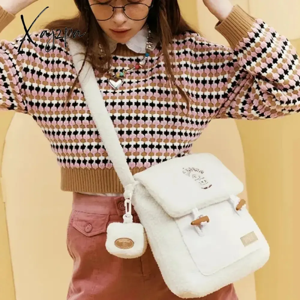 Xajzpa - Cute Collegiate Style Crossbody Bag White Soft Plush Letter Cartoon Print Shoulder Bag Fall Winter Youthful Sweet Handbag
