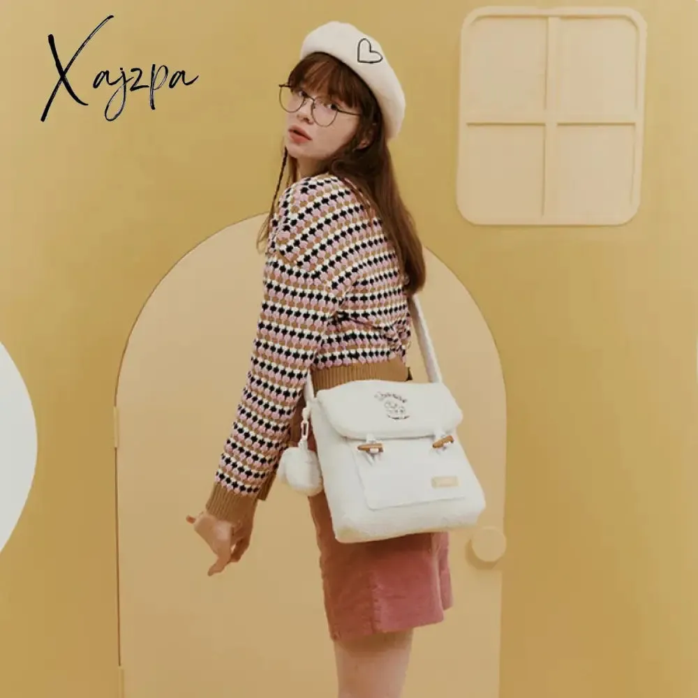 Xajzpa - Cute Collegiate Style Crossbody Bag White Soft Plush Letter Cartoon Print Shoulder Bag Fall Winter Youthful Sweet Handbag