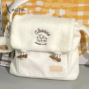 Xajzpa - Cute Collegiate Style Crossbody Bag White Soft Plush Letter Cartoon Print Shoulder Bag Fall Winter Youthful Sweet Handbag