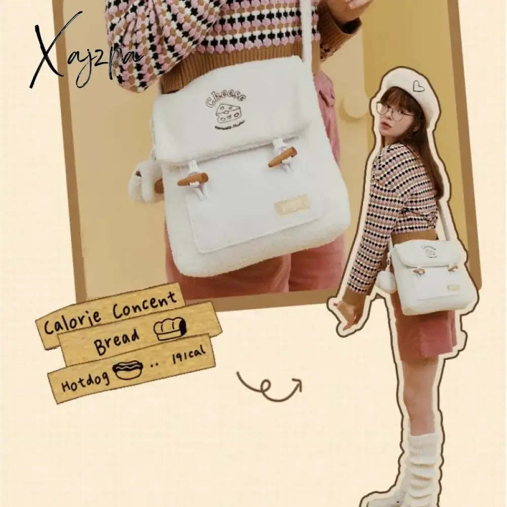 Xajzpa - Cute Collegiate Style Crossbody Bag White Soft Plush Letter Cartoon Print Shoulder Bag Fall Winter Youthful Sweet Handbag