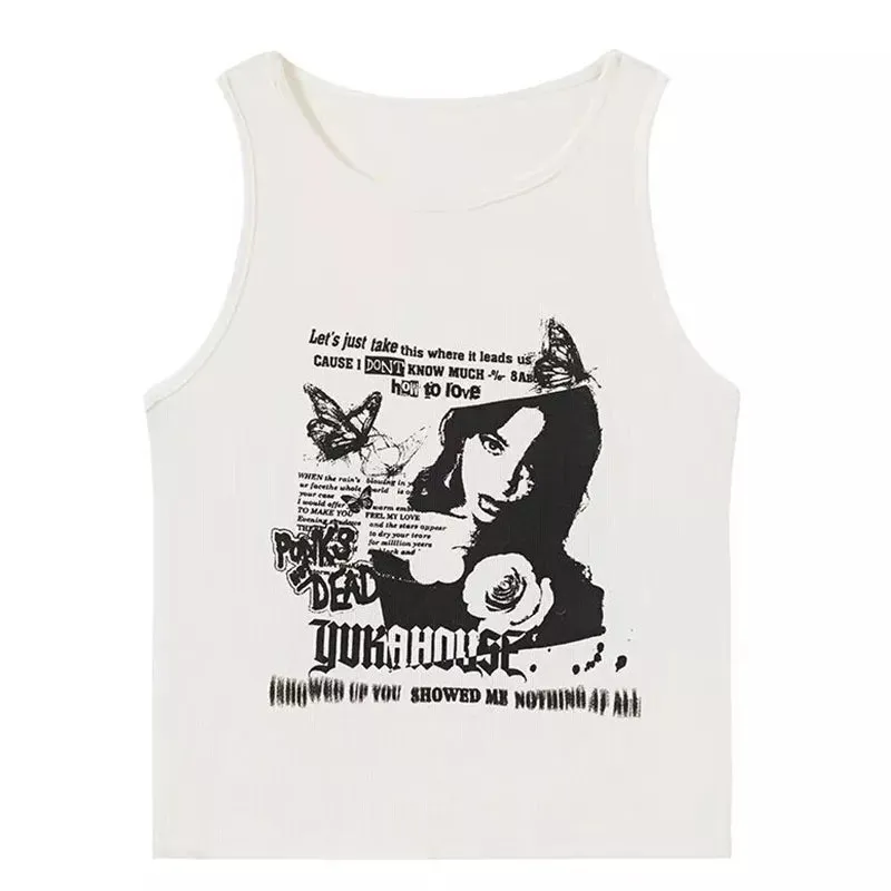 Y2k Grunge Print Sexy Summer Spring Tank Top for Women Ribbed Knit Tank Streetwear Aesthetic Clothing